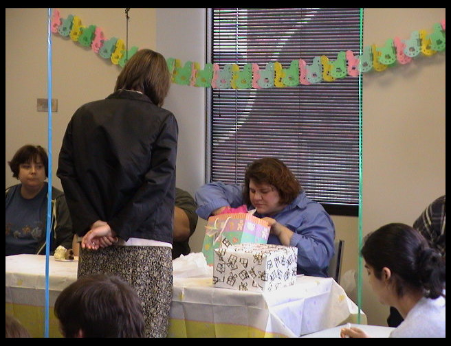 Amanda Spraker checking out what I am opening.