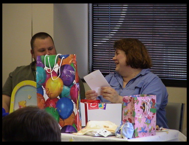 Sandra sharing a card with Timm.