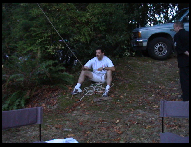 Mr. Mustard (Dan) tries his best to foil the attempts at breaking the piñata