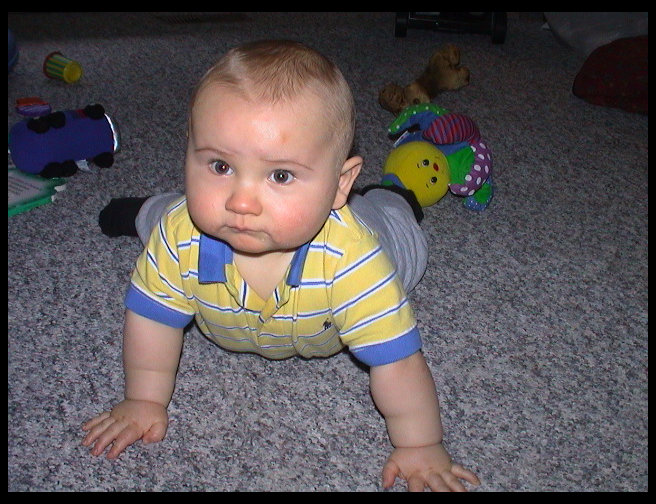 If you look at the left side of Logan's forehead, you will notice his first bruise.