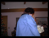 Sandra holding a present.