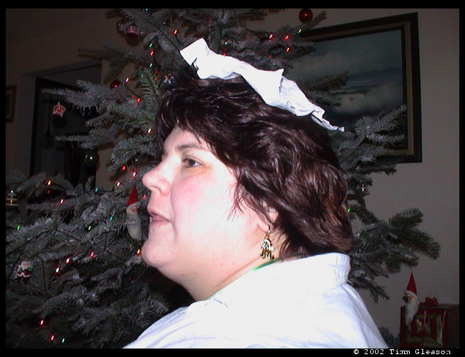 Lovely picture of Sandra with a tissue on her head.