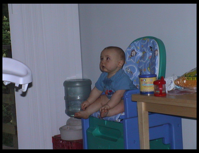 Logan going to get down from eating.