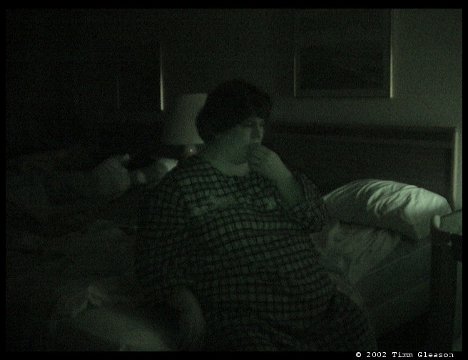 Sandra preparing for bed on our first night in Boise.