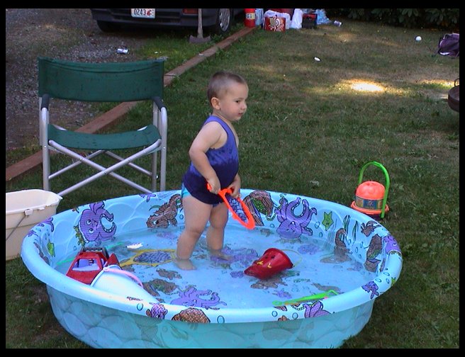 In the pool on a beautiful summer day.