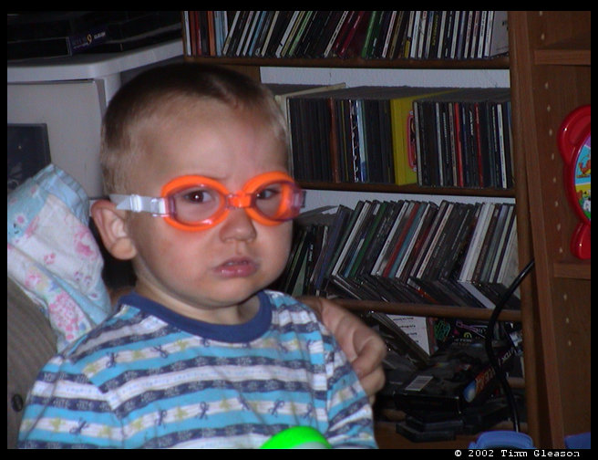 Logan in his swim googles.