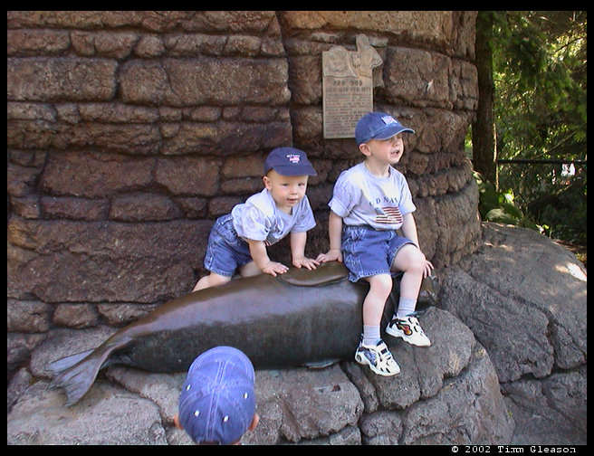 Lucas and Jared on the seal sculpture. 