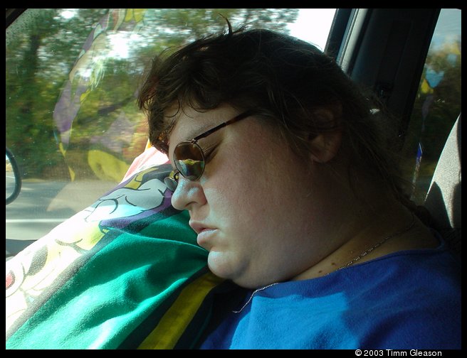 Sandra sleeping on way to California